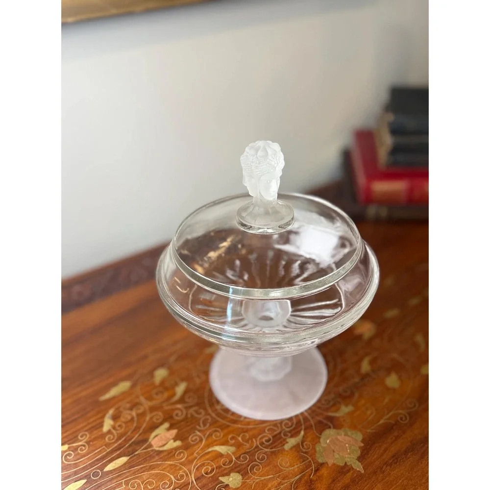Antique EAPG Three Face Covered Compote • Duncan No. 400 Frosted Glass